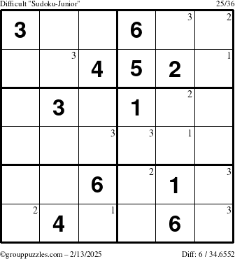 The grouppuzzles.com Difficult Sudoku-Junior puzzle for Thursday February 13, 2025 with the first 3 steps marked