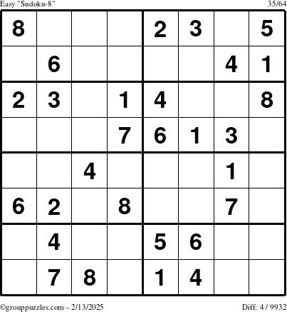 The grouppuzzles.com Easy Sudoku-8 puzzle for Thursday February 13, 2025