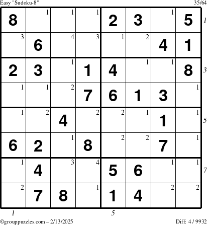 The grouppuzzles.com Easy Sudoku-8 puzzle for Thursday February 13, 2025 with all 4 steps marked