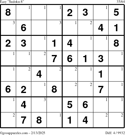 The grouppuzzles.com Easy Sudoku-8 puzzle for Thursday February 13, 2025 with the first 3 steps marked