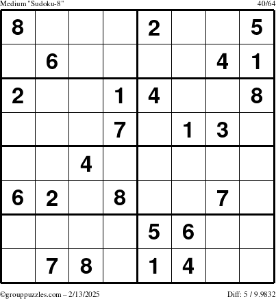 The grouppuzzles.com Medium Sudoku-8 puzzle for Thursday February 13, 2025