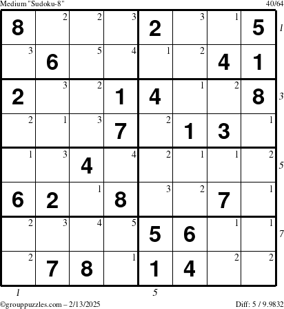 The grouppuzzles.com Medium Sudoku-8 puzzle for Thursday February 13, 2025 with all 5 steps marked