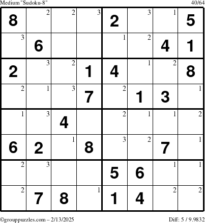 The grouppuzzles.com Medium Sudoku-8 puzzle for Thursday February 13, 2025 with the first 3 steps marked