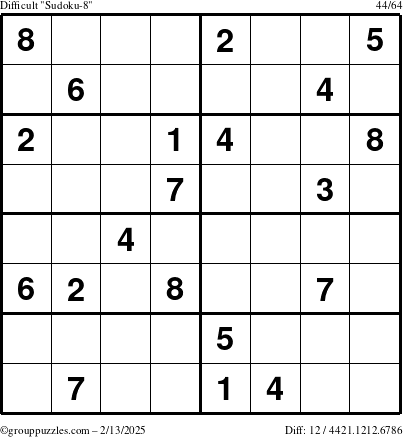 The grouppuzzles.com Difficult Sudoku-8 puzzle for Thursday February 13, 2025