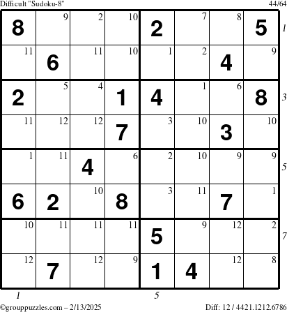 The grouppuzzles.com Difficult Sudoku-8 puzzle for Thursday February 13, 2025 with all 12 steps marked