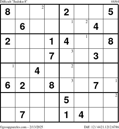 The grouppuzzles.com Difficult Sudoku-8 puzzle for Thursday February 13, 2025 with the first 3 steps marked