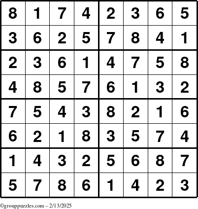 The grouppuzzles.com Answer grid for the Sudoku-8 puzzle for Thursday February 13, 2025