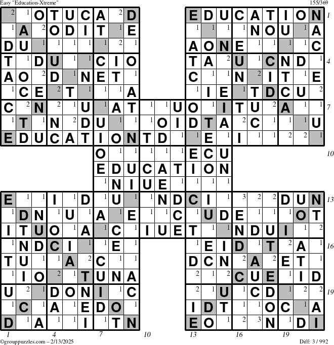 The grouppuzzles.com Easy Education-Xtreme puzzle for Thursday February 13, 2025 with all 3 steps marked