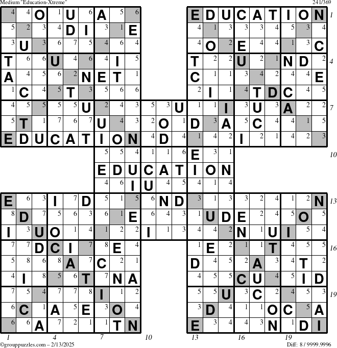 The grouppuzzles.com Medium Education-Xtreme puzzle for Thursday February 13, 2025 with all 8 steps marked