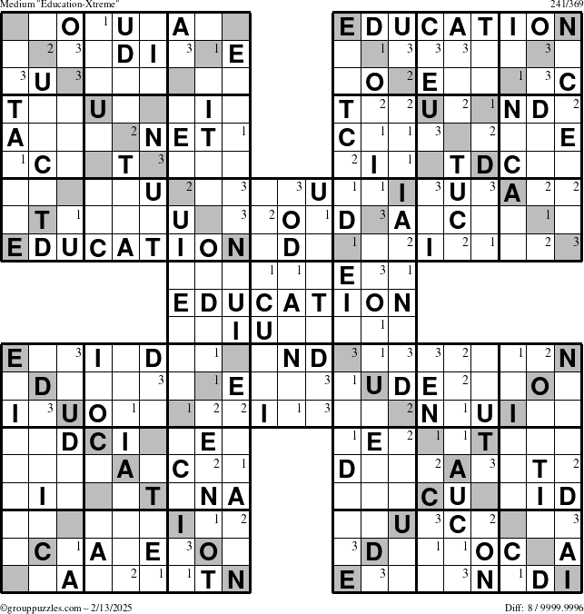 The grouppuzzles.com Medium Education-Xtreme puzzle for Thursday February 13, 2025 with the first 3 steps marked