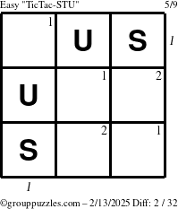 The grouppuzzles.com Easy TicTac-STU puzzle for Thursday February 13, 2025 with all 2 steps marked