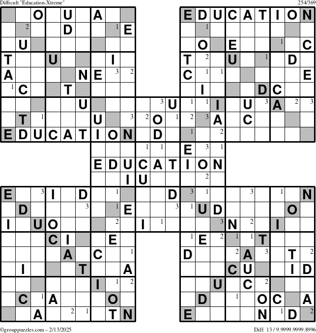 The grouppuzzles.com Difficult Education-Xtreme puzzle for Thursday February 13, 2025 with the first 3 steps marked