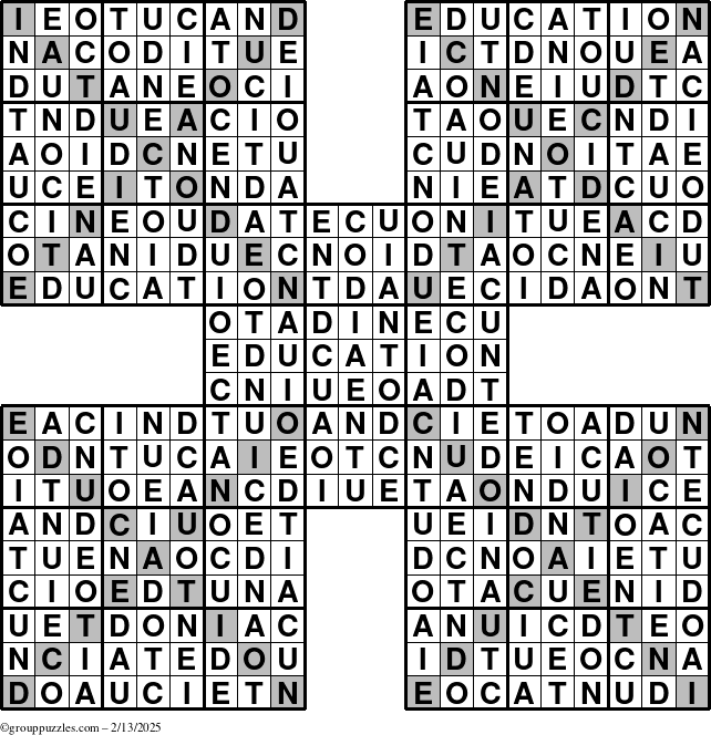 The grouppuzzles.com Answer grid for the Education-Xtreme puzzle for Thursday February 13, 2025