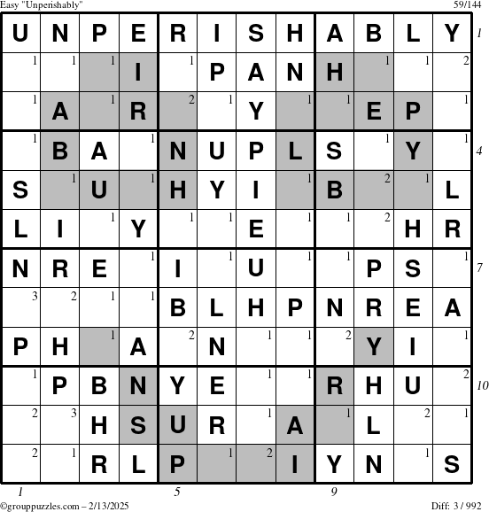 The grouppuzzles.com Easy Unperishably puzzle for Thursday February 13, 2025 with all 3 steps marked