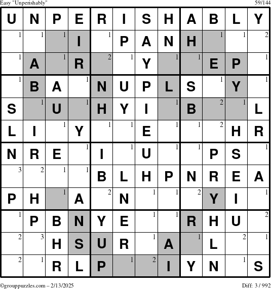 The grouppuzzles.com Easy Unperishably puzzle for Thursday February 13, 2025 with the first 3 steps marked