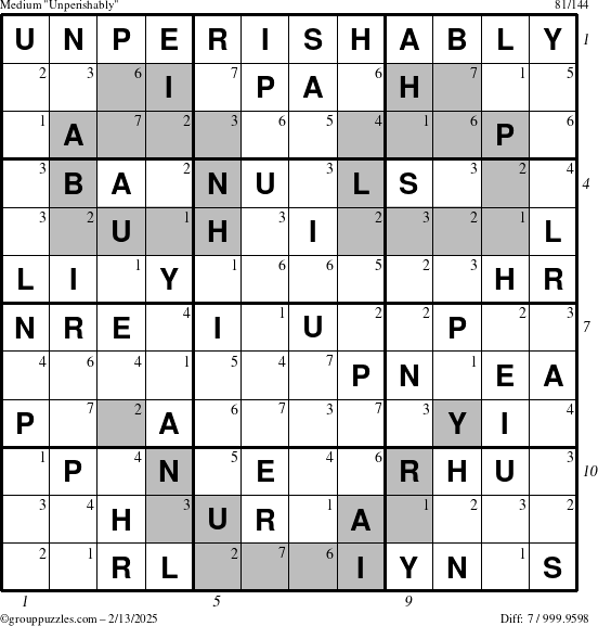 The grouppuzzles.com Medium Unperishably puzzle for Thursday February 13, 2025, suitable for printing, with all 7 steps marked