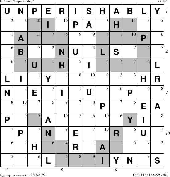 The grouppuzzles.com Difficult Unperishably puzzle for Thursday February 13, 2025 with all 11 steps marked