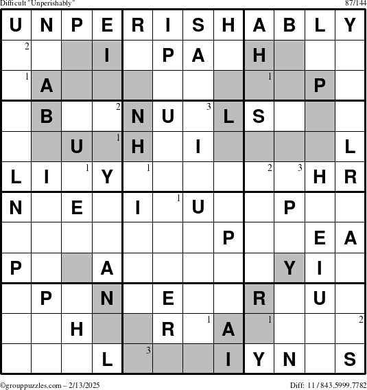 The grouppuzzles.com Difficult Unperishably puzzle for Thursday February 13, 2025 with the first 3 steps marked