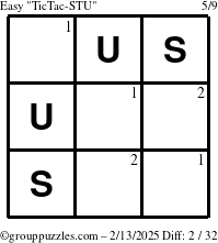 The grouppuzzles.com Easy TicTac-STU puzzle for Thursday February 13, 2025 with the first 2 steps marked