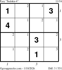 The grouppuzzles.com Easy Sudoku-4 puzzle for Sunday January 18, 2026, suitable for printing, with all 3 steps marked