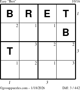 The grouppuzzles.com Easy Bret puzzle for Sunday January 18, 2026 with all 3 steps marked