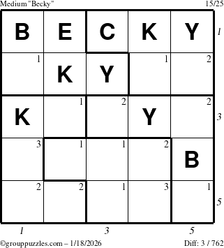 The grouppuzzles.com Medium Becky puzzle for Sunday January 18, 2026 with all 3 steps marked