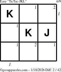 The grouppuzzles.com Easy TicTac-JKL puzzle for Sunday January 18, 2026, suitable for printing, with all 2 steps marked