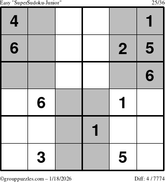 The grouppuzzles.com Easy SuperSudoku-Junior puzzle for Sunday January 18, 2026