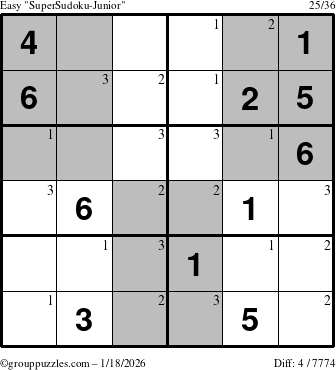 The grouppuzzles.com Easy SuperSudoku-Junior puzzle for Sunday January 18, 2026 with the first 3 steps marked