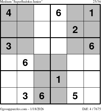 The grouppuzzles.com Medium SuperSudoku-Junior puzzle for Sunday January 18, 2026