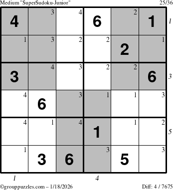 The grouppuzzles.com Medium SuperSudoku-Junior puzzle for Sunday January 18, 2026 with all 4 steps marked