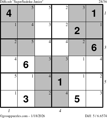 The grouppuzzles.com Difficult SuperSudoku-Junior puzzle for Sunday January 18, 2026 with all 5 steps marked