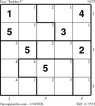 The grouppuzzles.com Easy Sudoku-5 puzzle for Sunday January 18, 2026 with all 4 steps marked