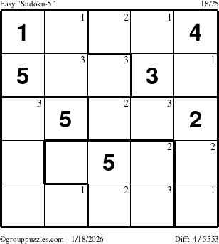 The grouppuzzles.com Easy Sudoku-5 puzzle for Sunday January 18, 2026 with the first 3 steps marked