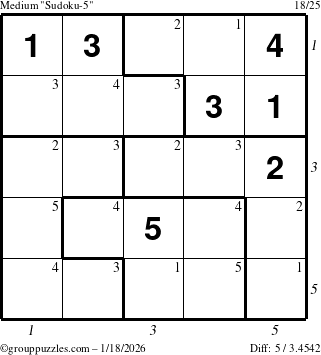 The grouppuzzles.com Medium Sudoku-5 puzzle for Sunday January 18, 2026, suitable for printing, with all 5 steps marked