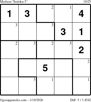 The grouppuzzles.com Medium Sudoku-5 puzzle for Sunday January 18, 2026 with the first 3 steps marked