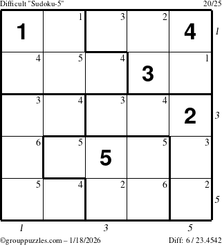 The grouppuzzles.com Difficult Sudoku-5 puzzle for Sunday January 18, 2026, suitable for printing, with all 6 steps marked