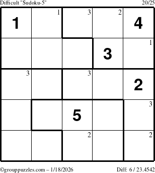 The grouppuzzles.com Difficult Sudoku-5 puzzle for Sunday January 18, 2026 with the first 3 steps marked