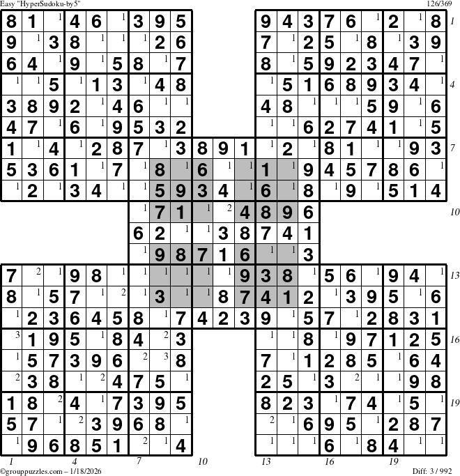 The grouppuzzles.com Easy HyperSudoku-by5 puzzle for Sunday January 18, 2026 with all 3 steps marked