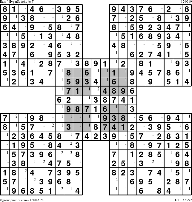 The grouppuzzles.com Easy HyperSudoku-by5 puzzle for Sunday January 18, 2026 with the first 3 steps marked