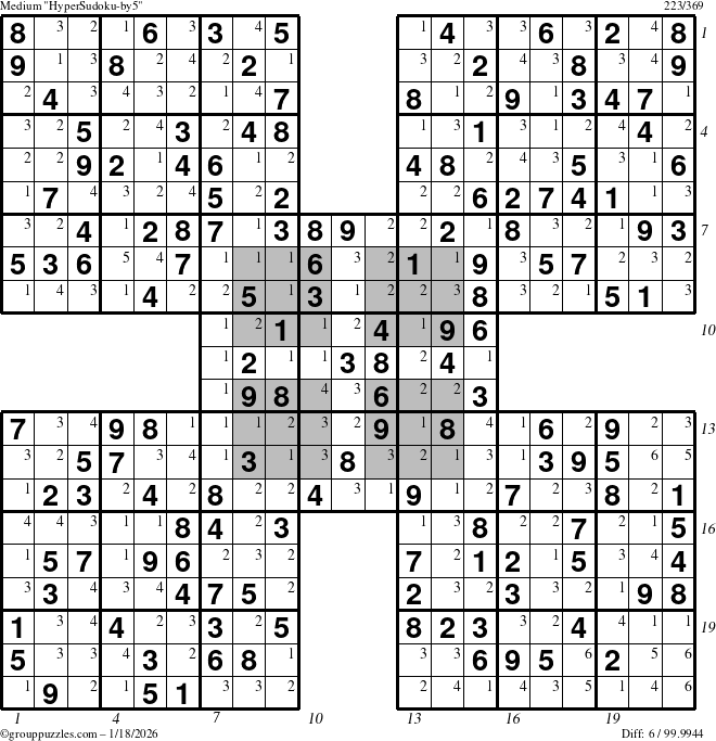 The grouppuzzles.com Medium HyperSudoku-by5 puzzle for Sunday January 18, 2026, suitable for printing, with all 6 steps marked