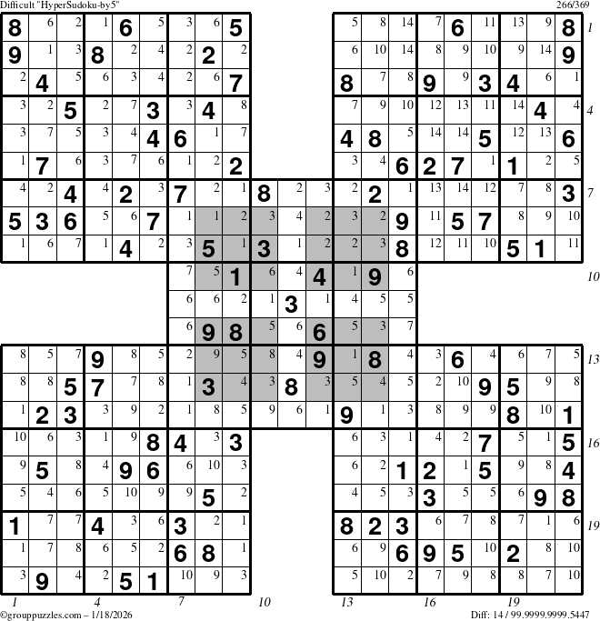 The grouppuzzles.com Difficult HyperSudoku-by5 puzzle for Sunday January 18, 2026, suitable for printing, with all 14 steps marked