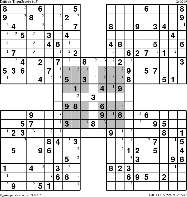 The grouppuzzles.com Difficult HyperSudoku-by5 puzzle for Sunday January 18, 2026 with the first 3 steps marked
