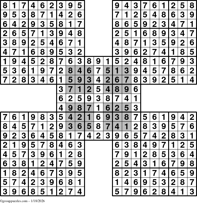 The grouppuzzles.com Answer grid for the HyperSudoku-by5 puzzle for Sunday January 18, 2026