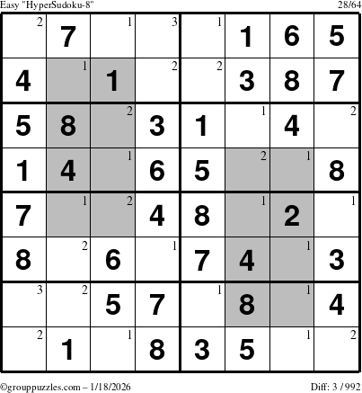 The grouppuzzles.com Easy HyperSudoku-8 puzzle for Sunday January 18, 2026 with the first 3 steps marked
