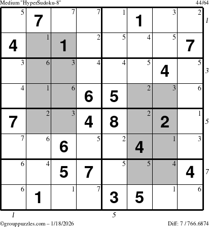 The grouppuzzles.com Medium HyperSudoku-8 puzzle for Sunday January 18, 2026 with all 7 steps marked