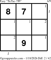 The grouppuzzles.com Easy TicTac-789 puzzle for Sunday January 18, 2026, suitable for printing, with all 2 steps marked