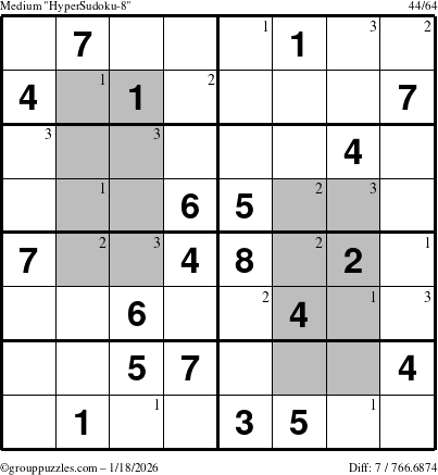 The grouppuzzles.com Medium HyperSudoku-8 puzzle for Sunday January 18, 2026 with the first 3 steps marked