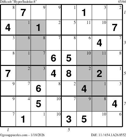 The grouppuzzles.com Difficult HyperSudoku-8 puzzle for Sunday January 18, 2026 with all 11 steps marked