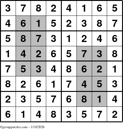 The grouppuzzles.com Answer grid for the HyperSudoku-8 puzzle for Sunday January 18, 2026